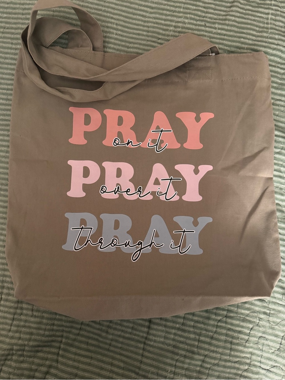 Pray On It Graphic Tote Bag - Taupe with Pink & Gray Print